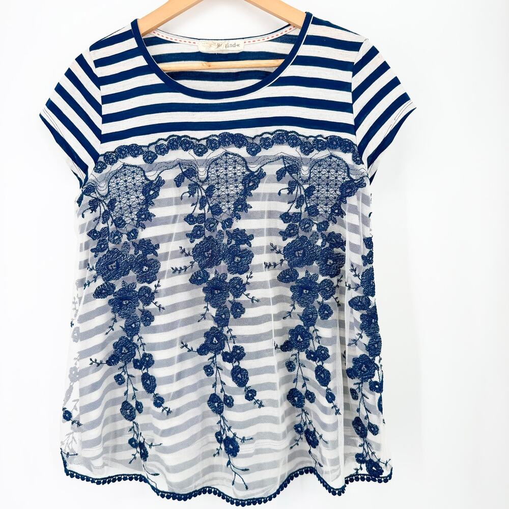 Rewind Navy White Striped Lace Overlay Babydoll Peplum Top Size Large